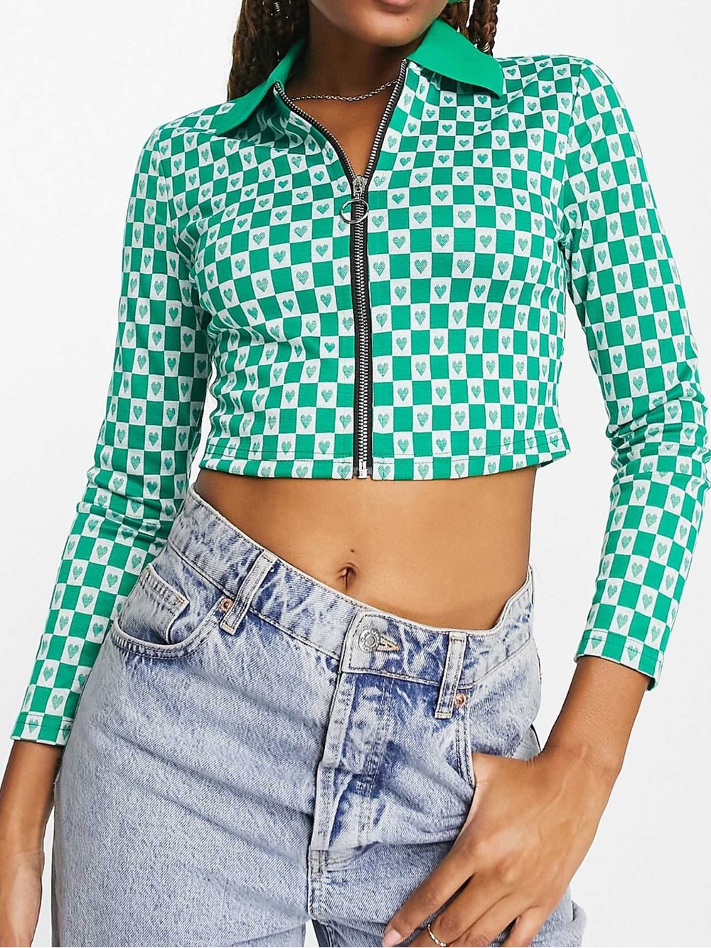 Urban Revivo Zip-Front Crop Top with Heart Motif Size Medium